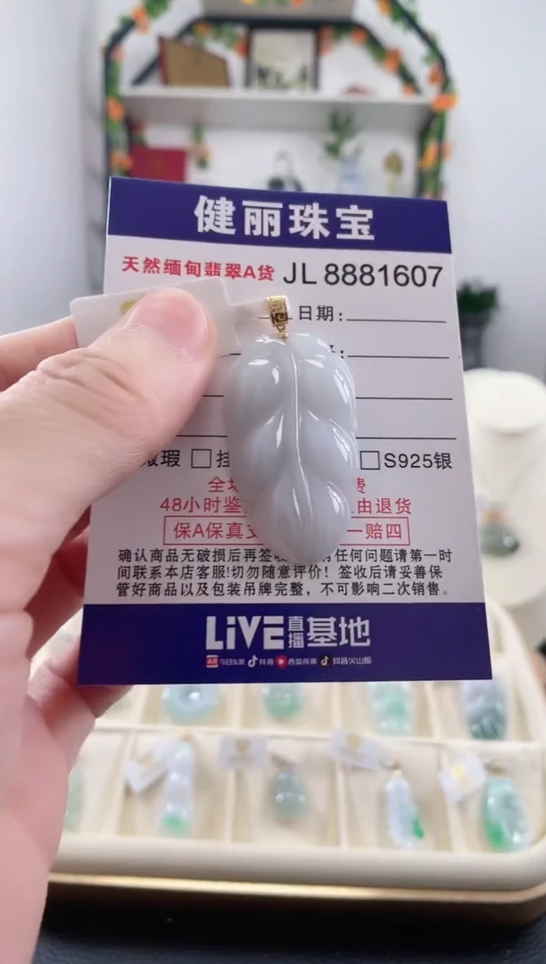 翡翠18K金镶嵌颈饰天然缅甸翡翠 叶子(一物一证)+银链