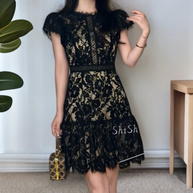 夏季显瘦气质蕾丝法式复古短款时尚女装连衣裙21808