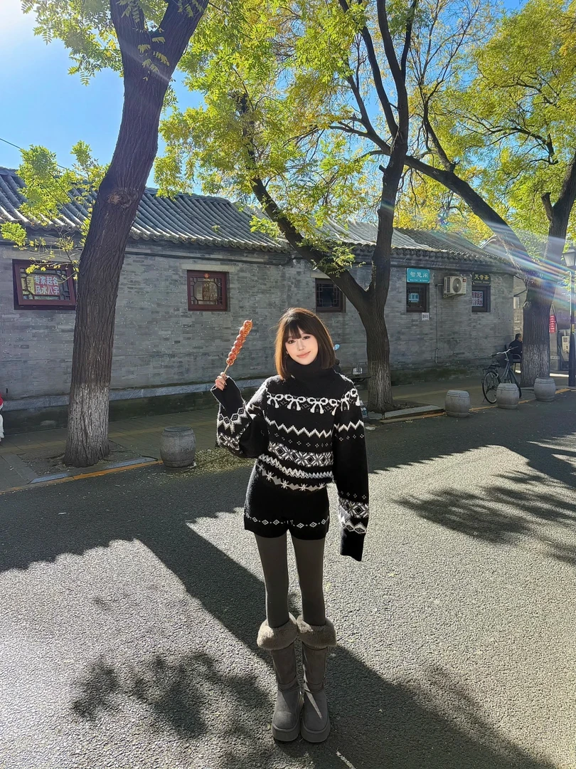 美式复古费尔岛黑色高领毛衣女秋冬季2025慵懒风软糯上衣短裤套装