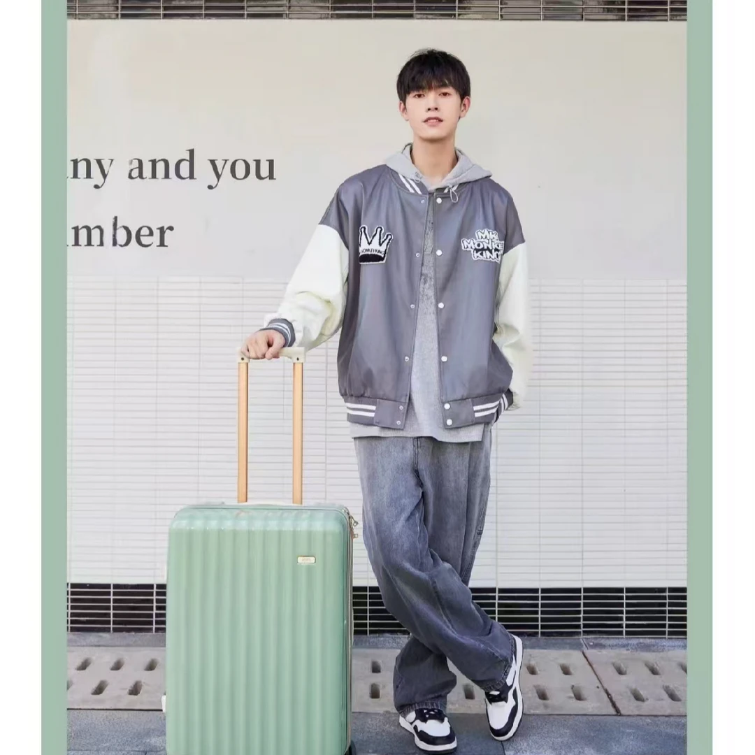 青少年春秋潮流毛巾绣PU棒球服外套