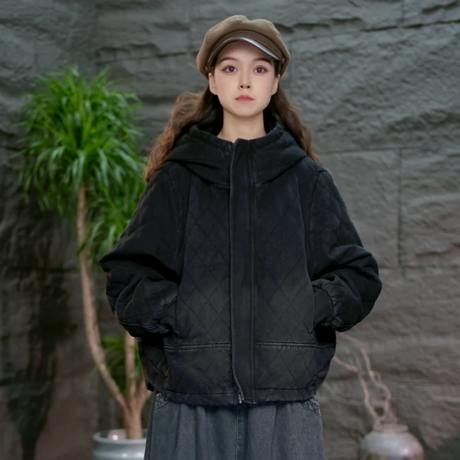 【女装黑色牛仔二棉外套】2025秋冬宽松显瘦加厚棉服百搭棉袄上衣