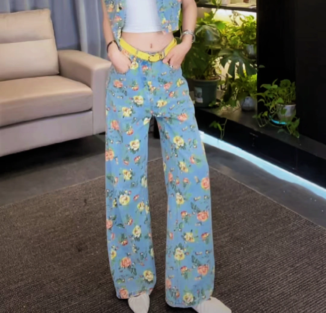 【43】SS姗姗轻奢法式气质时尚女新款印花牛仔裤50370421