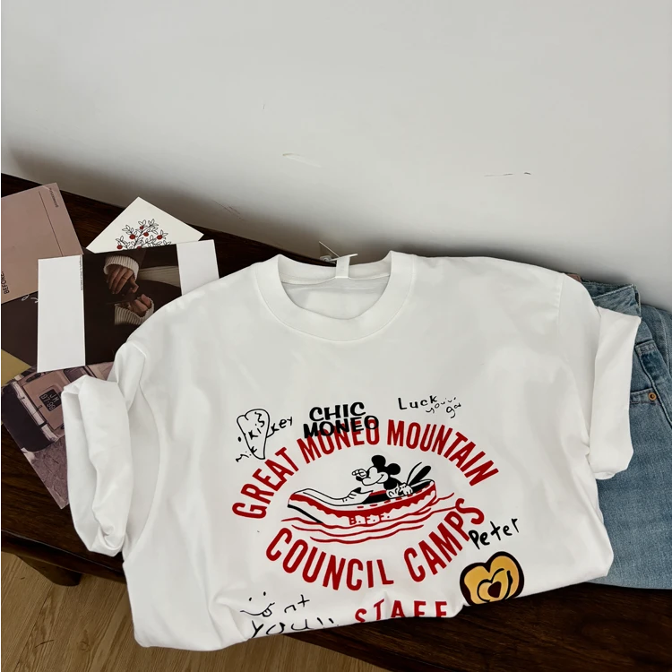 落肩款大版型 2025新款爱心米奇趣味印花圆领短袖纯棉T恤女休闲