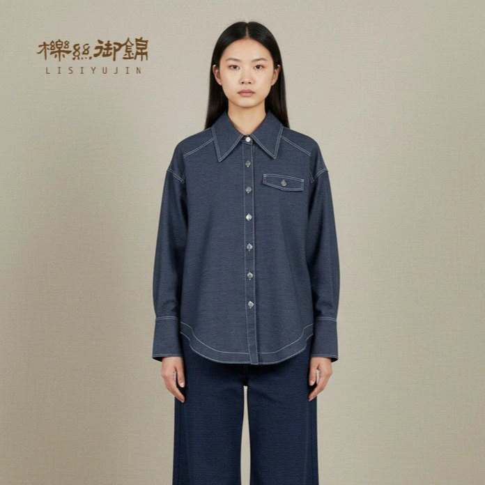 柞蚕丝春季宽松女士舒适牛仔外套时尚翻领百搭长袖真丝外套秋冬