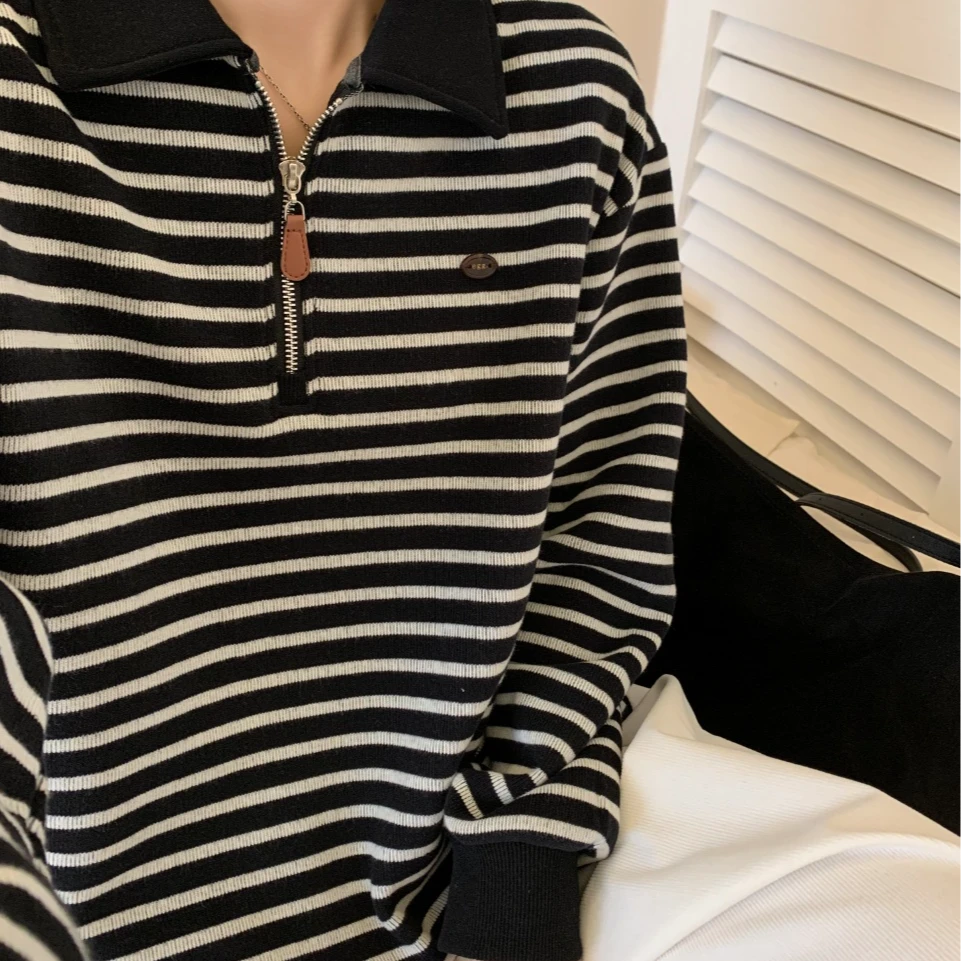 【春款上新】女士鸡蛋家时尚百搭半拉链条纹卫衣81616