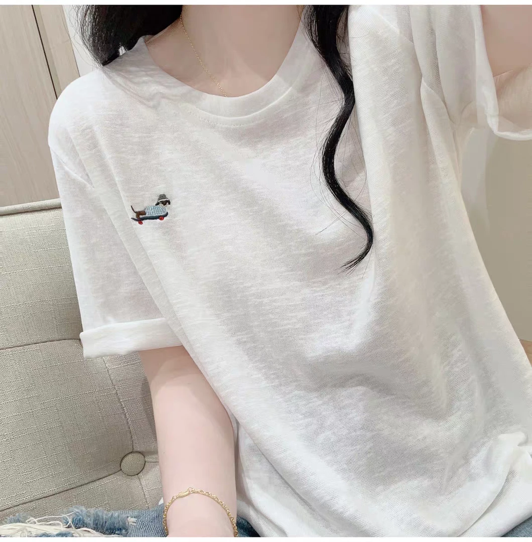 凉感雪花棉短袖t恤女夏宽松减龄慵懒风简约小狗刺绣白色圆领上衣