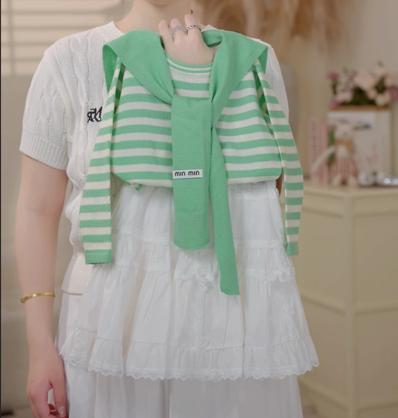 2025春季韩版女童假两件披肩条纹针织衫拼接短期裙套装时尚25325A