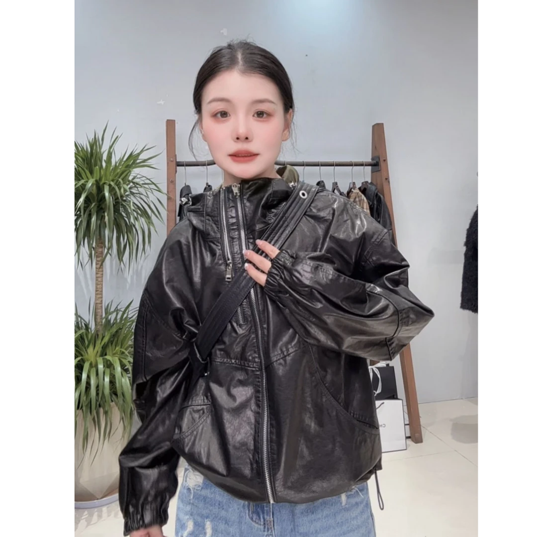 程程【6658】前后两穿定染皮衣短款网红时尚休闲百搭女士宽松立领