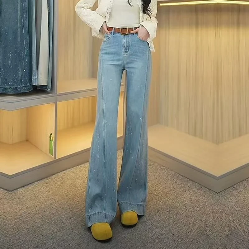 2025年春夏季新款烫钻牛仔裤女高腰弹力天蓝显高显瘦百搭微喇叭裤