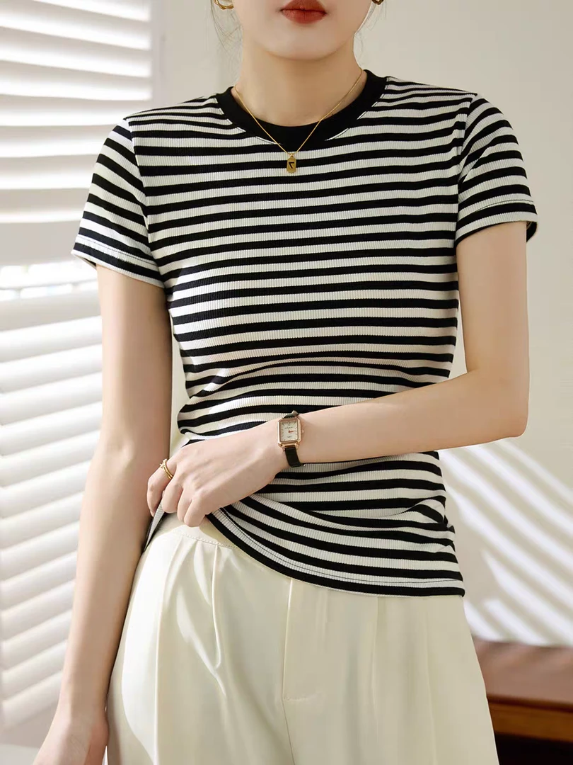（特价不退@换优选）女士冰感棉条纹短袖！
