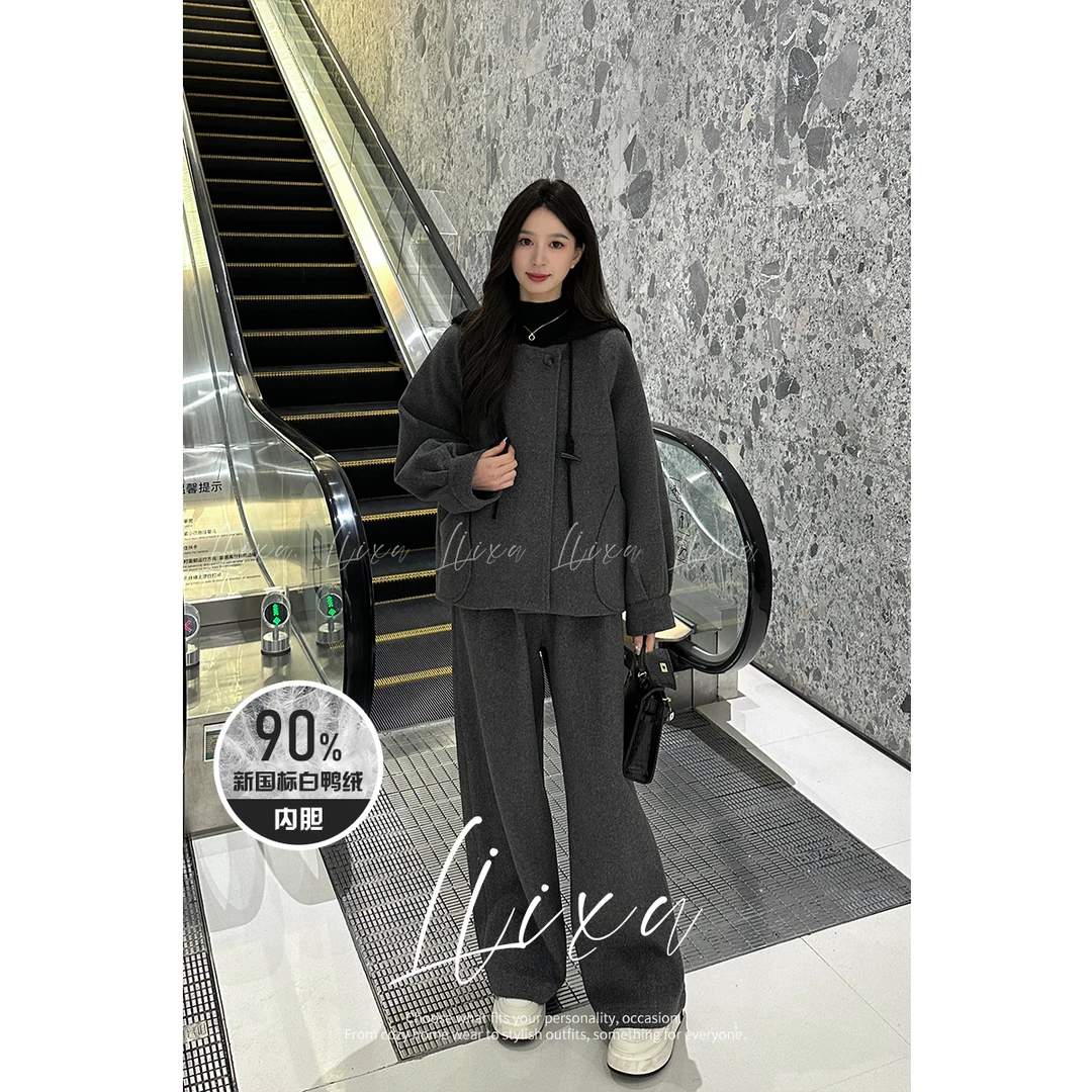 Liixu秋冬连帽宽松外套女高腰阔腿裤两件套90绒羽绒服L48TZ071