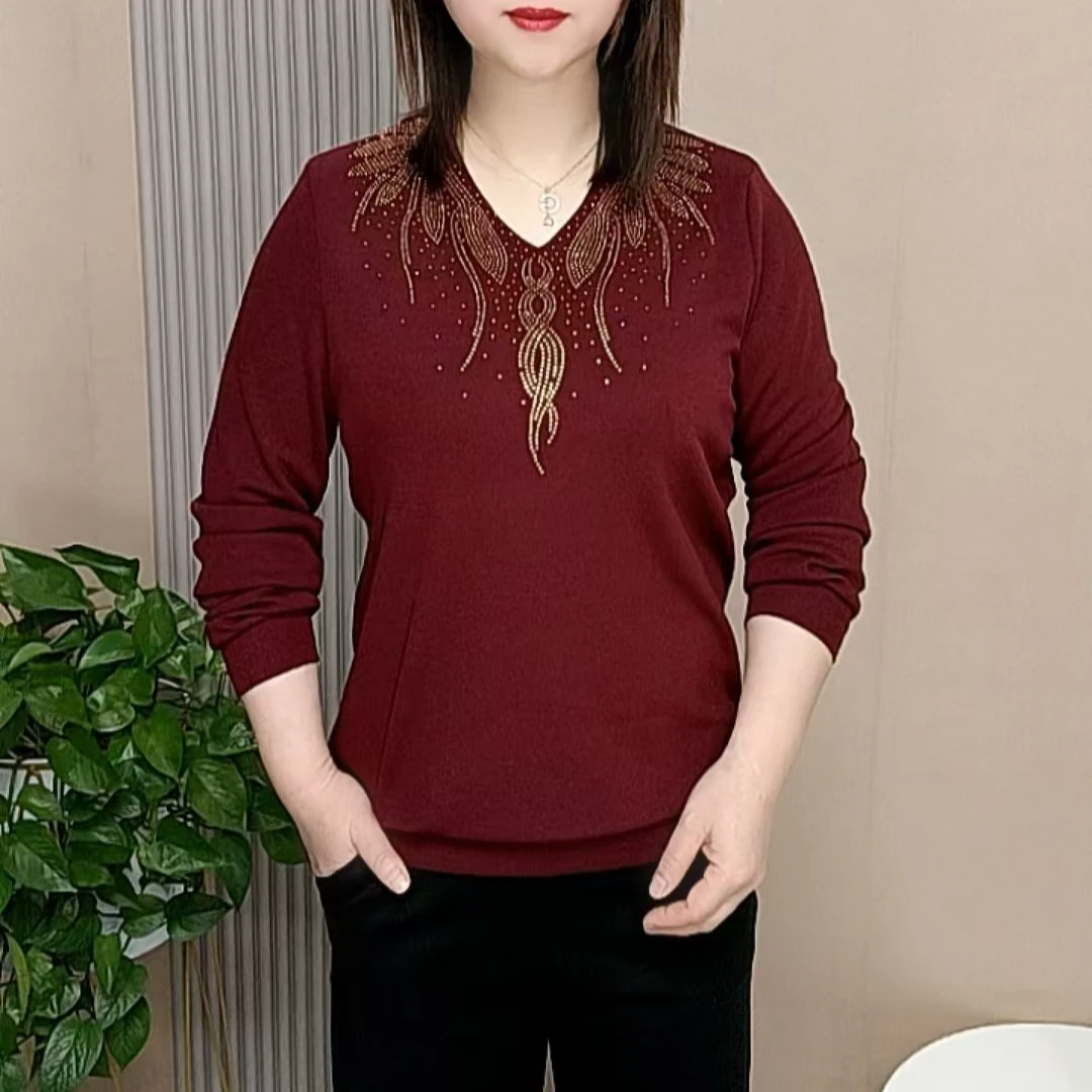 春季新款时尚洋气百搭V领烫钻休闲宽松高端气质显瘦长袖上衣女