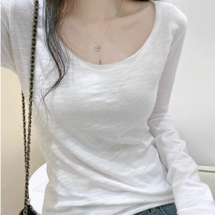 竹节棉U领卷边长袖t恤女2025春季新款修身大领口百搭气质上衣