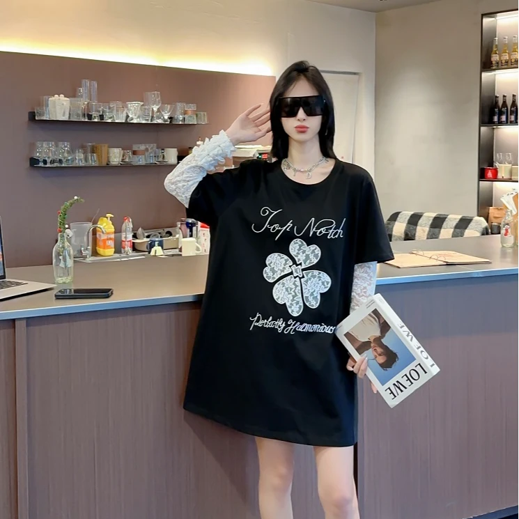 8283欧洲站新款特大码韩版宽松别致蕾丝花朵刺绣拼接假两件T恤女