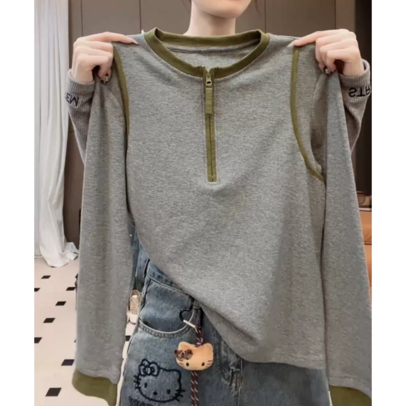 【落日余晖】撞色半拉链长袖T恤显瘦设计感假两件上衣LK2507156