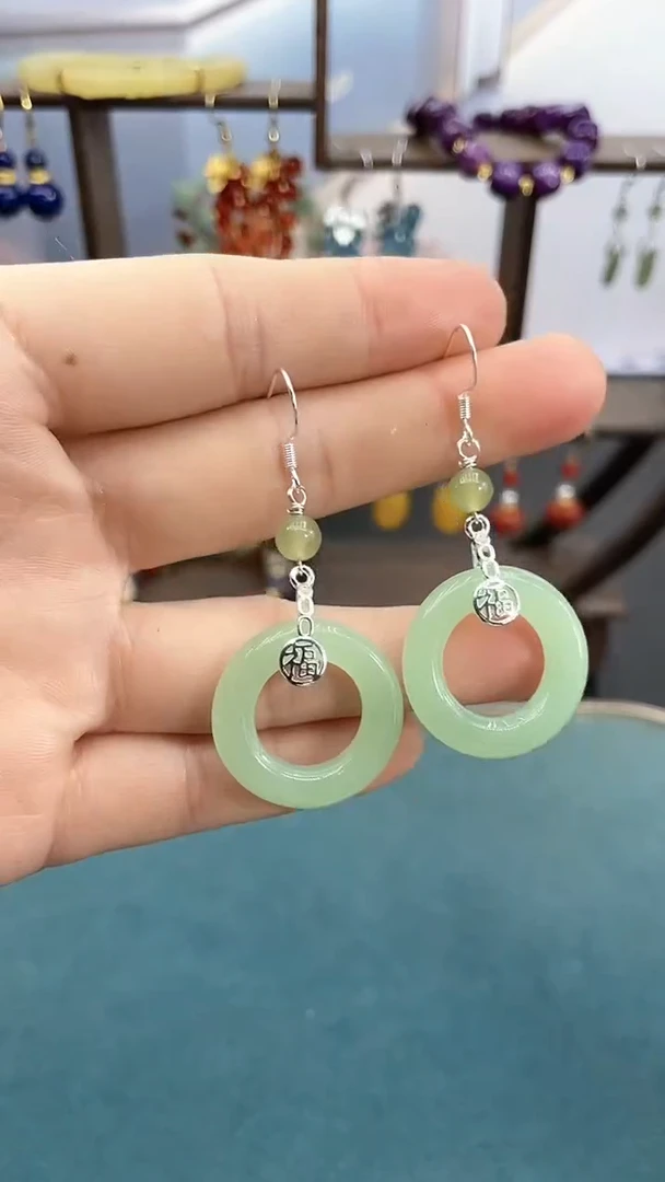 银S925镶嵌软玉耳饰24mm晴水圈圈