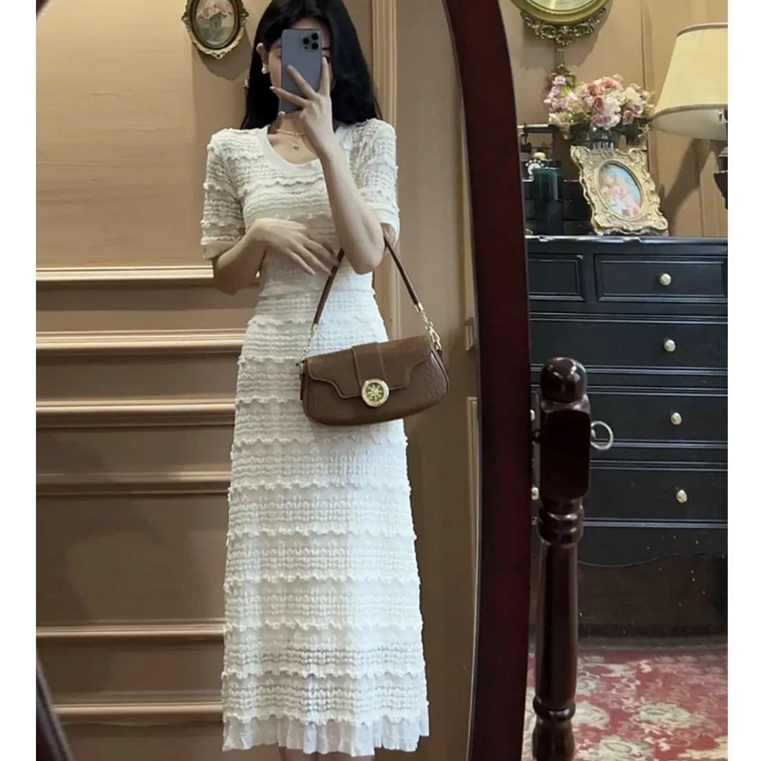 法式高级感短袖蕾丝连衣裙女2025夏季新款气质显瘦系带收腰A字裙