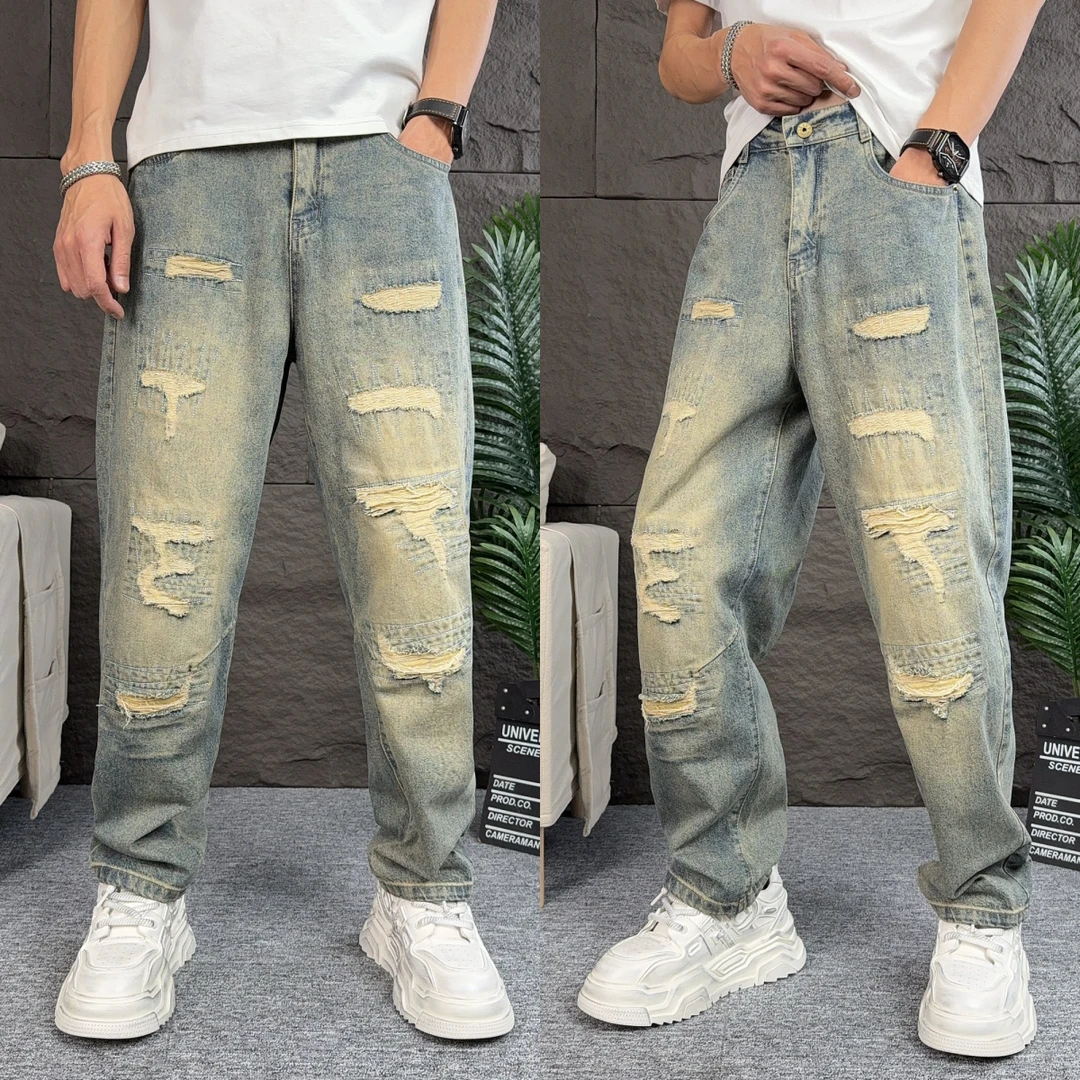 美式高街牛仔裤男长裤春夏薄款破洞补丁乞丐裤高街复古潮牌直筒裤