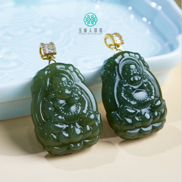 石惑珠宝%和田玉莲花坐佛吊坠约36*28mm%多样性发一