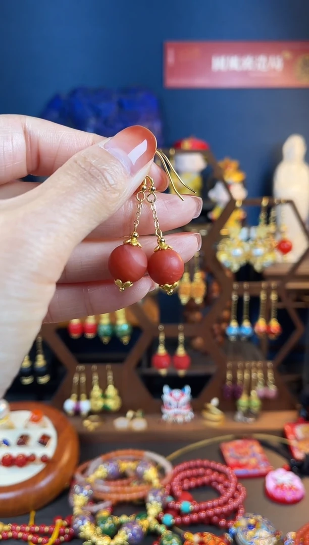 【闪购商品】南红玛瑙耳饰银S925镀金镶嵌南红耳钩