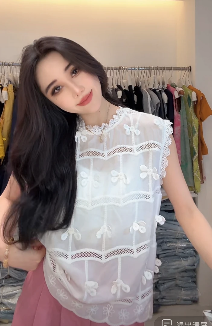 香香老板娘定制镂空小花圆领上衣#36704