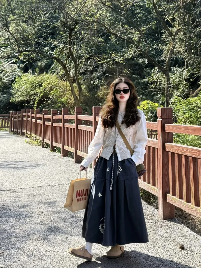 2025春季新款韩系穿搭慵懒风衬衫针织马甲叠穿高腰半身裙三件套女