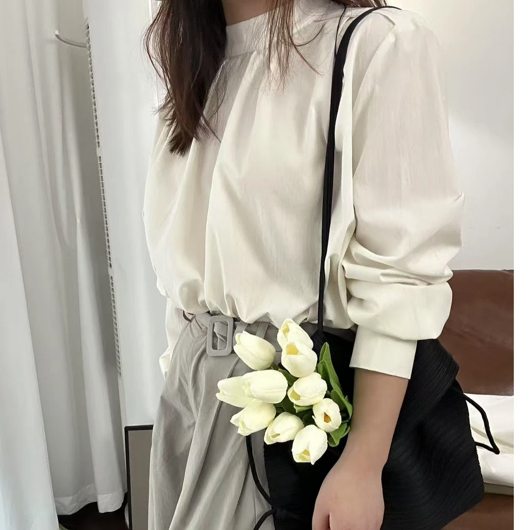 奶白/咖色简约气质飘带衬衫  1001