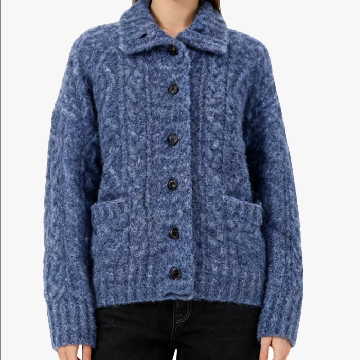 高端货~雾霾蓝羊毛混纺复古慵懒绞花开衫冬季新款加厚宽松毛衣