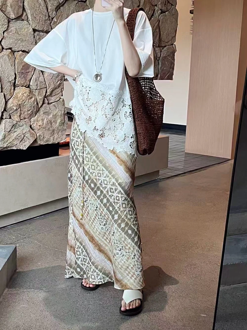 休闲简约风蕾丝提花上衣气质半身裙碎花半身裙长裙开叉百搭