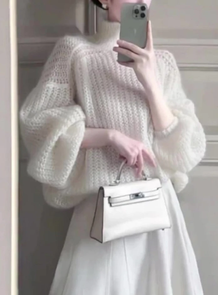 极简风时髦百搭超好看米白色高领针织毛衣秋季宽松休闲气质上衣女