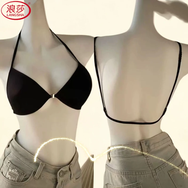 浪莎法式挂脖前扣交叉美背露背小胸内衣薄款细带无钢圈无痕文胸夏