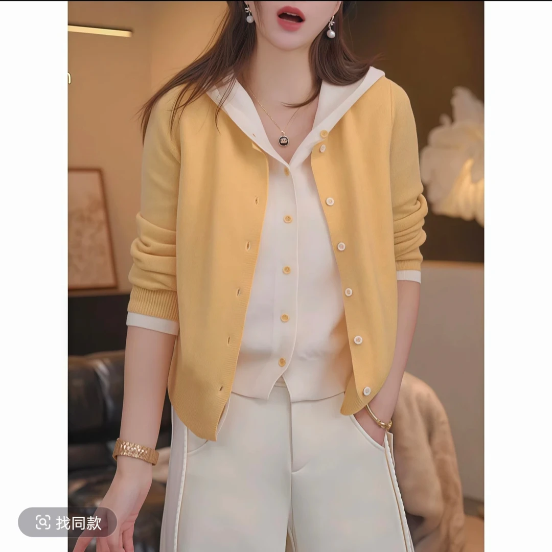 连帽假两件春秋新款韩版设计感撞色减龄气质针织衫907上衣