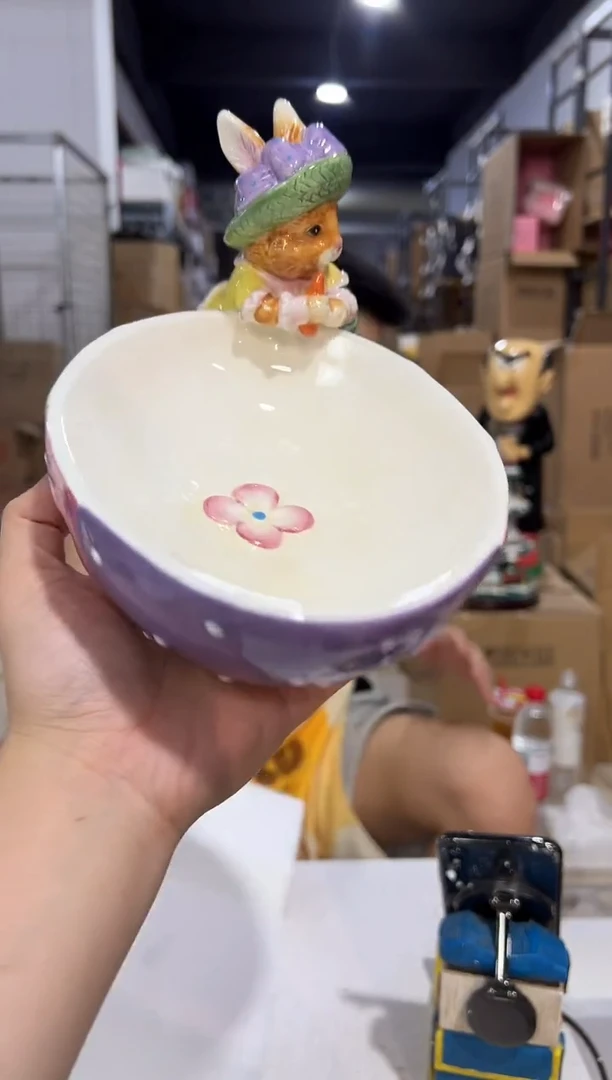 瓷片紫色原盒兔子碗 陶瓷