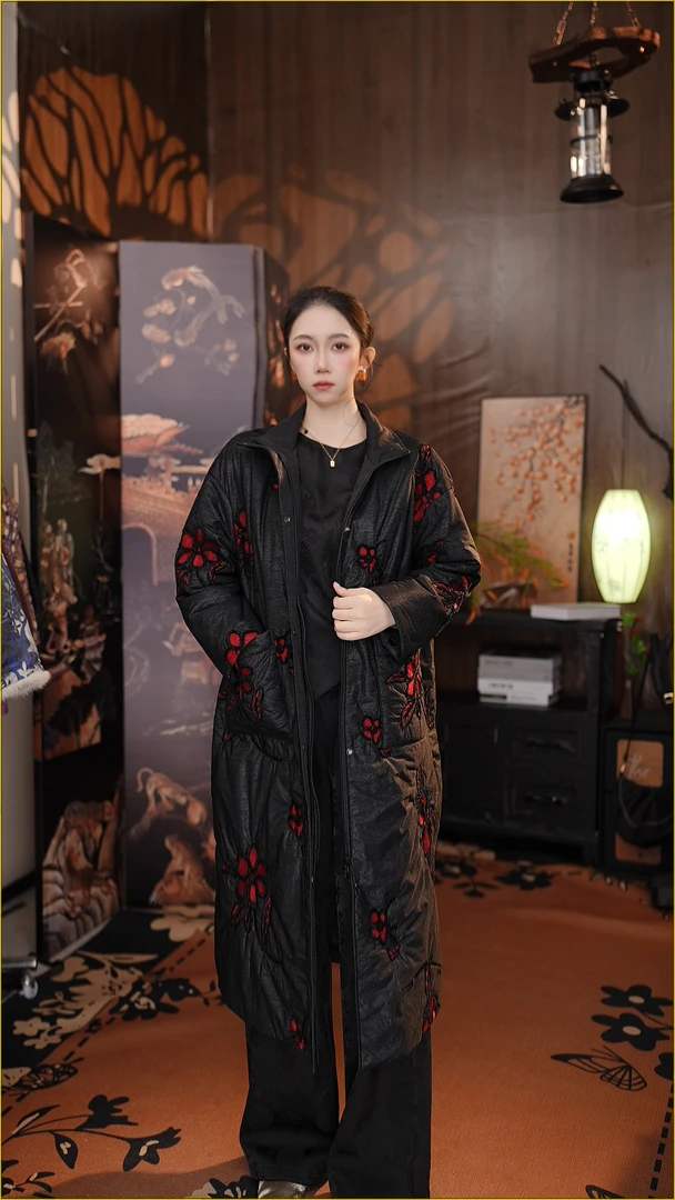 时尚长款加厚女装风衣棉服外套黑色气质冬季保暖百搭外衣1119