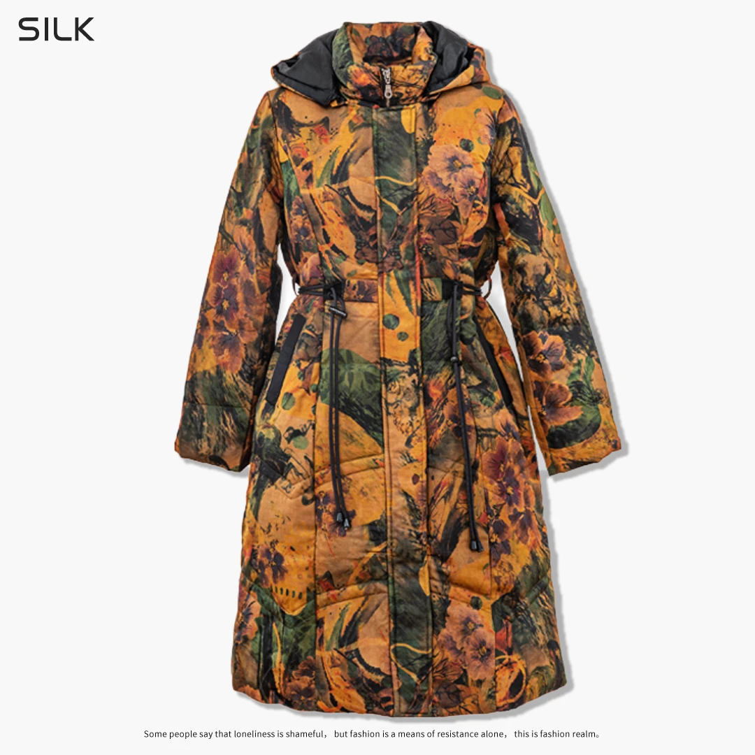 琸娅中式100%桑蚕丝90白鸭绒香云纱羽绒服复古连帽女款白鸭绒绒服