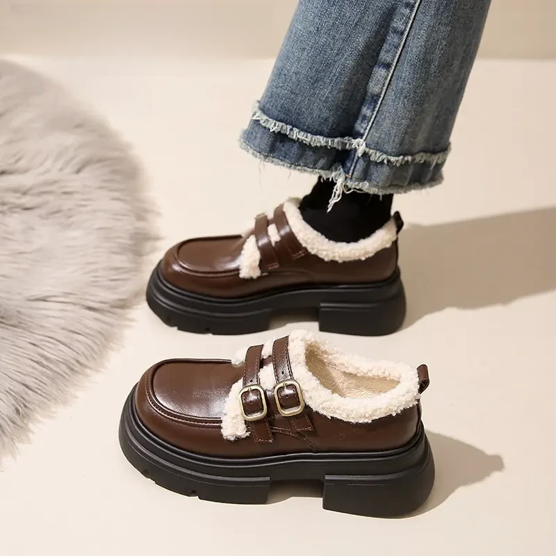 卓诗尼【断码清仓】厚底小皮鞋女秋冬加绒大棉鞋2025新款爆款乐福鞋