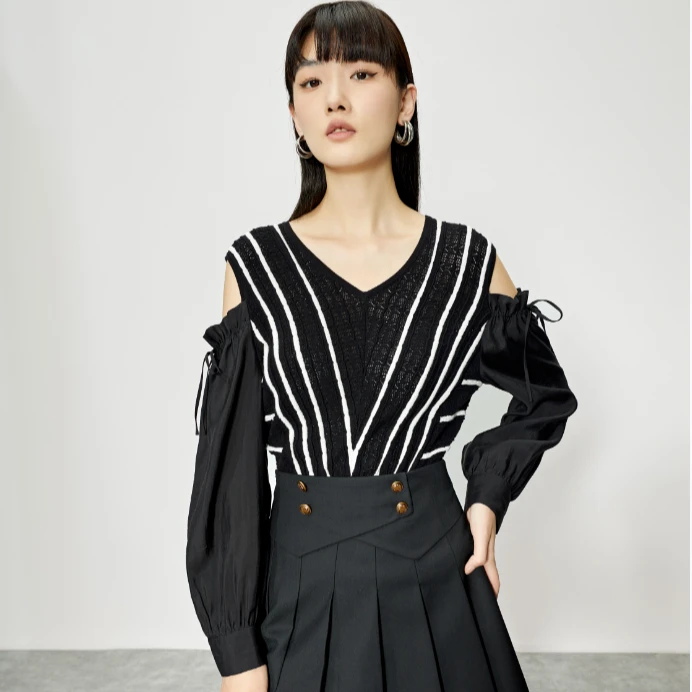 【直播专享】商场同款新品3D立体花纹V领露肩针织衫NDY2A31560