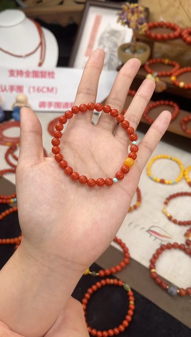未镶嵌手串南红玛瑙柿子红满色满肉单圈蜜蜡QF-A422（多样性发一）