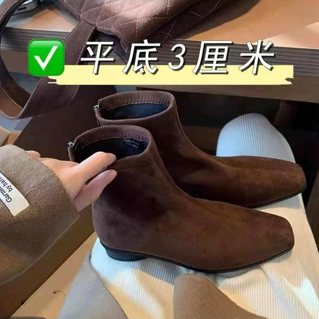 （跟高3cm）粗跟短靴法式方头复古棕色绒面拉链平底马丁靴女