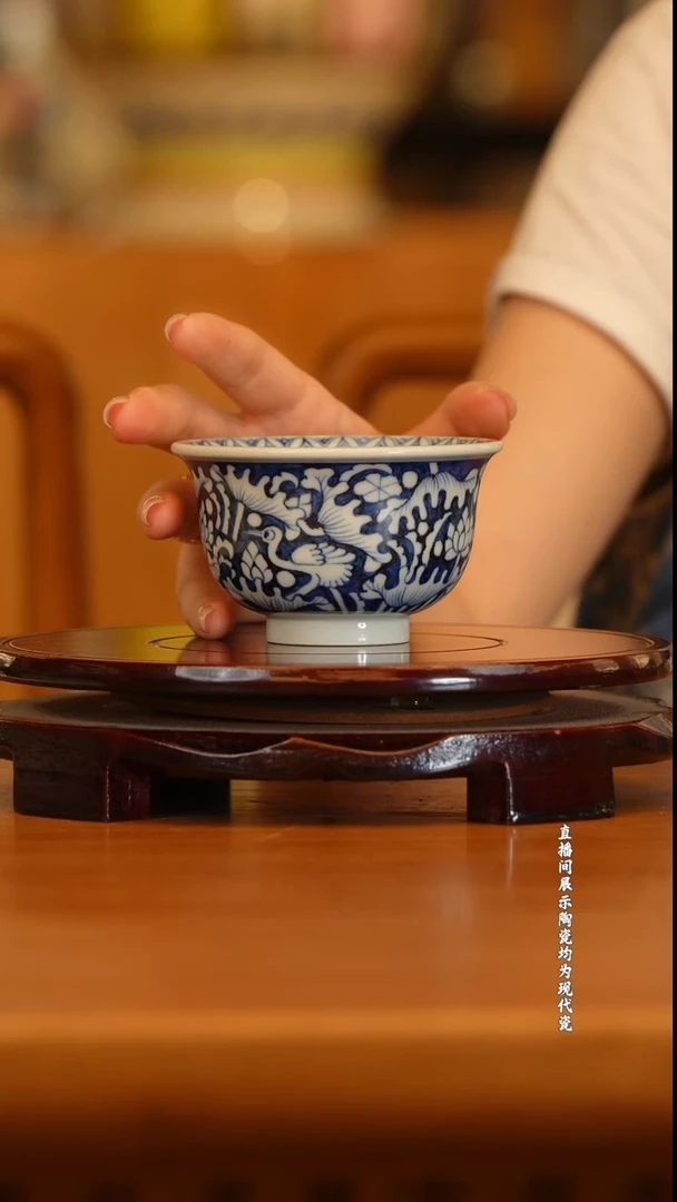 古窑御器馒头窑一鹭连升蓝地压手杯