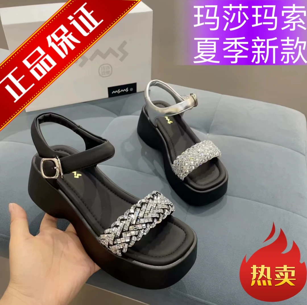 高跟时装凉鞋沙滩鞋一字式扣带粗跟坡跟水钻露趾凉鞋