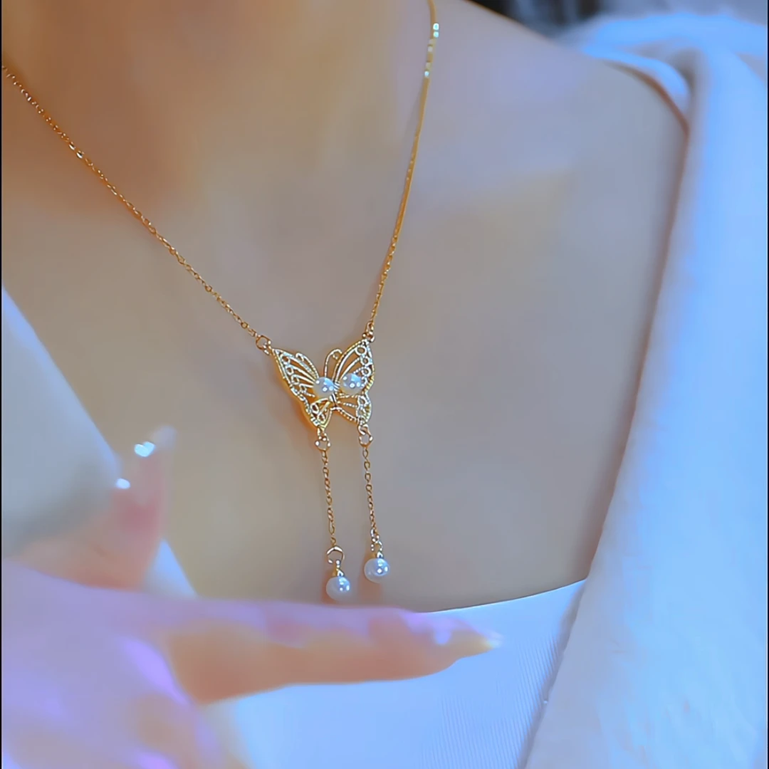 钛钢项链 【磁吸蝴蝶】珠珠蝴蝶流苏2025春新品百搭锁骨链项链女