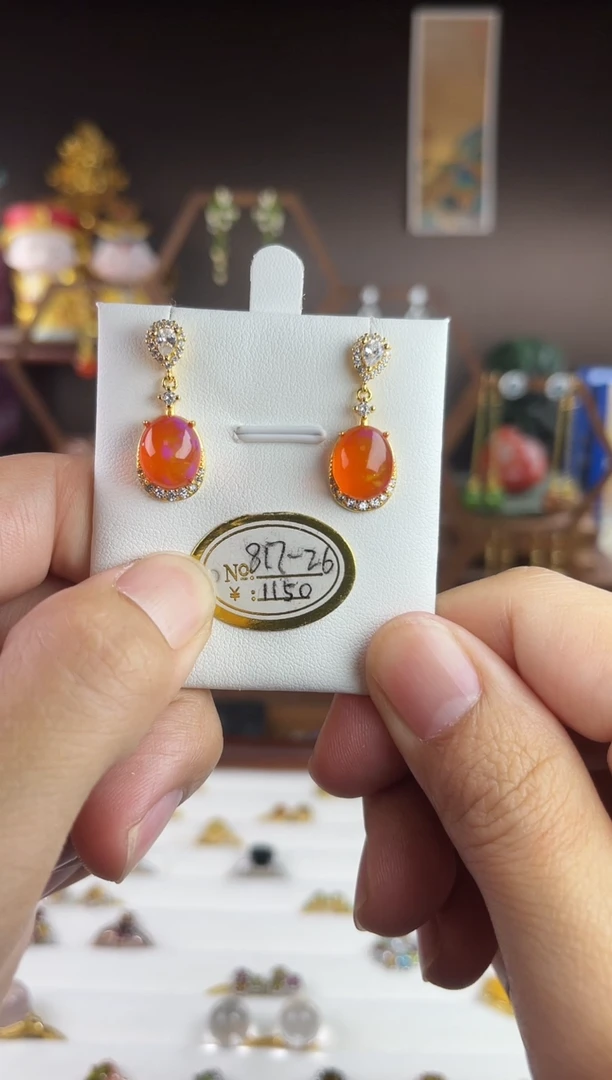 银S925镀金镶嵌欧泊珠宝奇石，817-26欧泊耳针