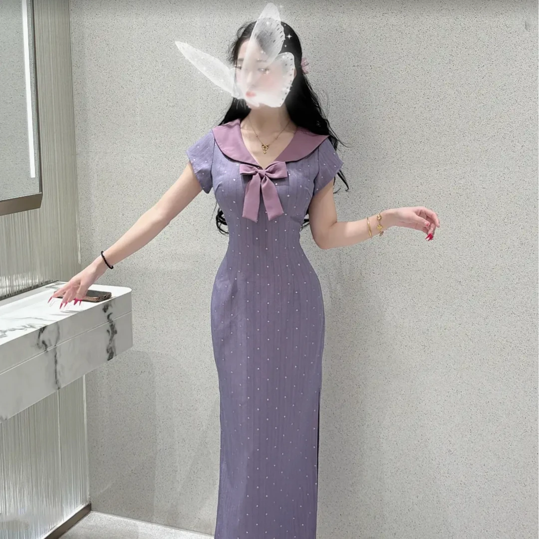 学院风紫色旗袍连衣裙中国风 芋妮小姐 长款