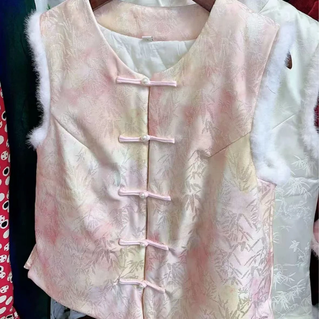 001-渐变 粉色 竹子 马甲 旗袍