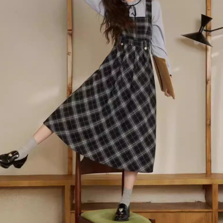 31766大码连衣裙复古假两件拼接格子裙秋季新款遮肉显瘦高级感裙