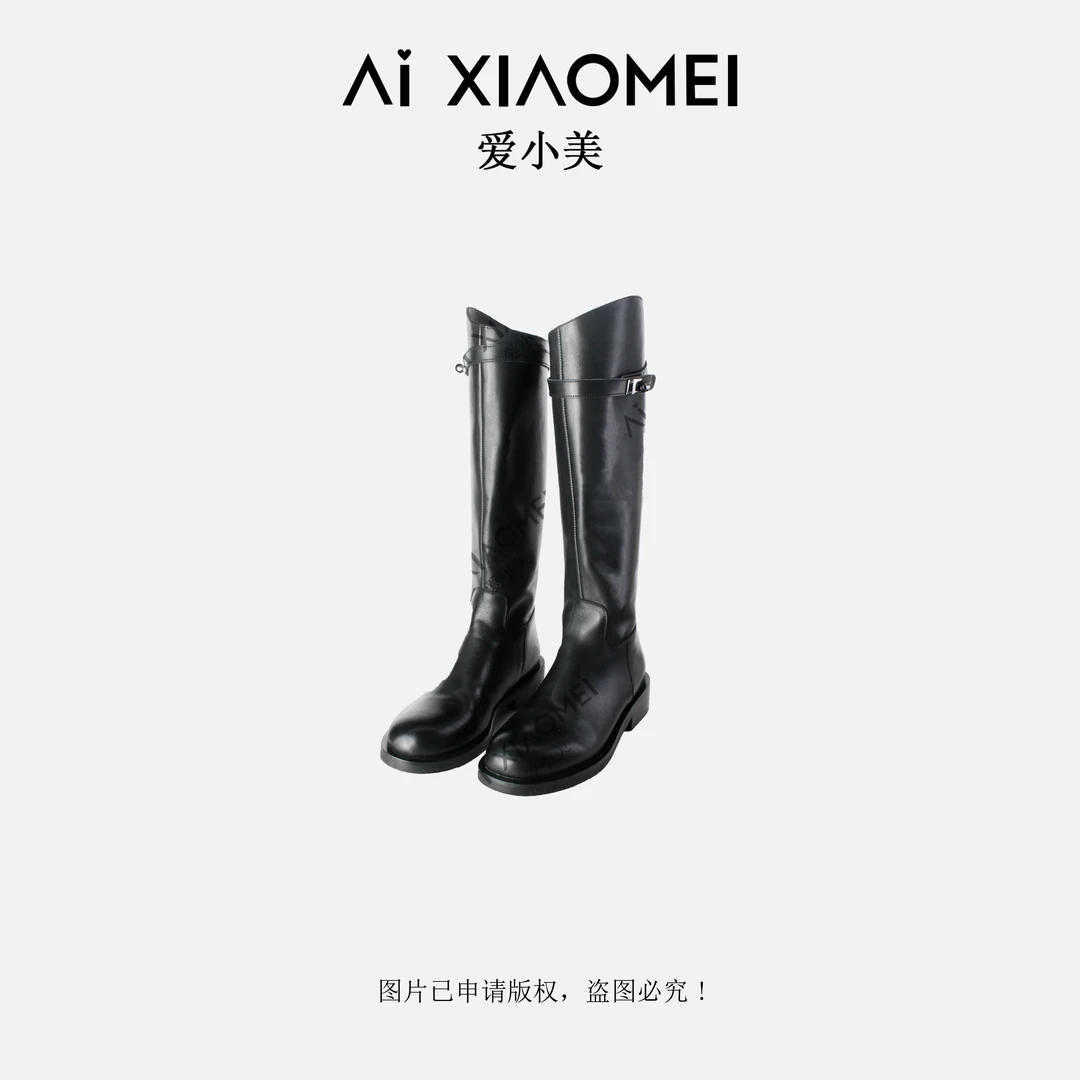 Aixiaomei/爱小美KELLY金扣平跟黑色女士长靴骑士靴XMXZ-053
