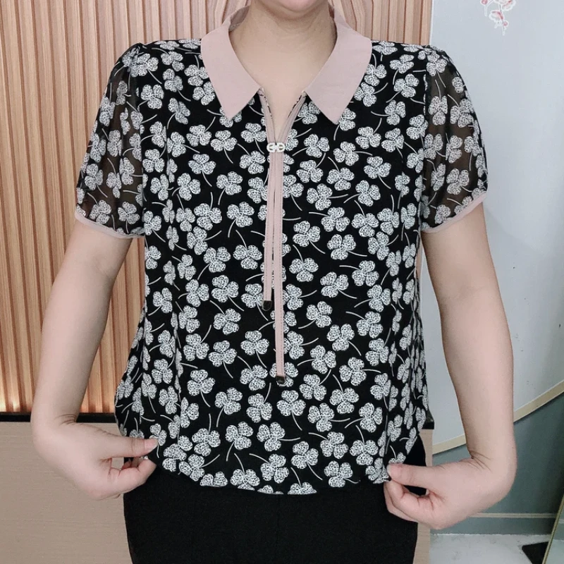 新款洋气减龄衬衫宽松显瘦款v领休闲设计气质女短袖小衫新中式