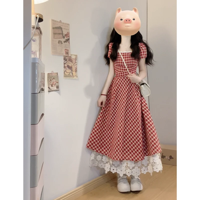 【红格绮梦】大码法式甜美A字裙摆显白拼接腰带桔梗初恋连衣裙