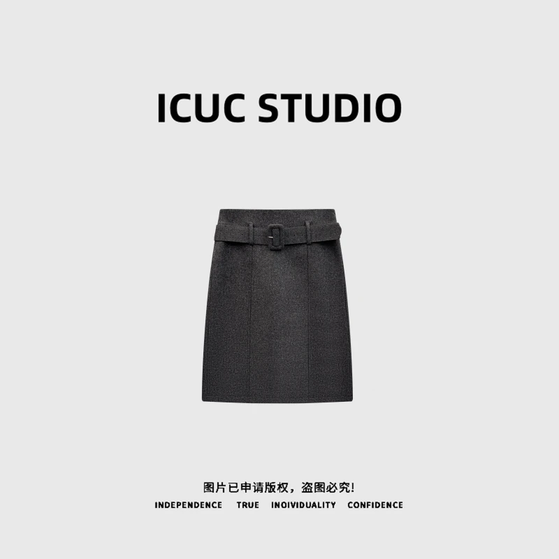 ICUC STUDIO- "南特假日"毛呢直筒后开叉中裙半身裙1367
